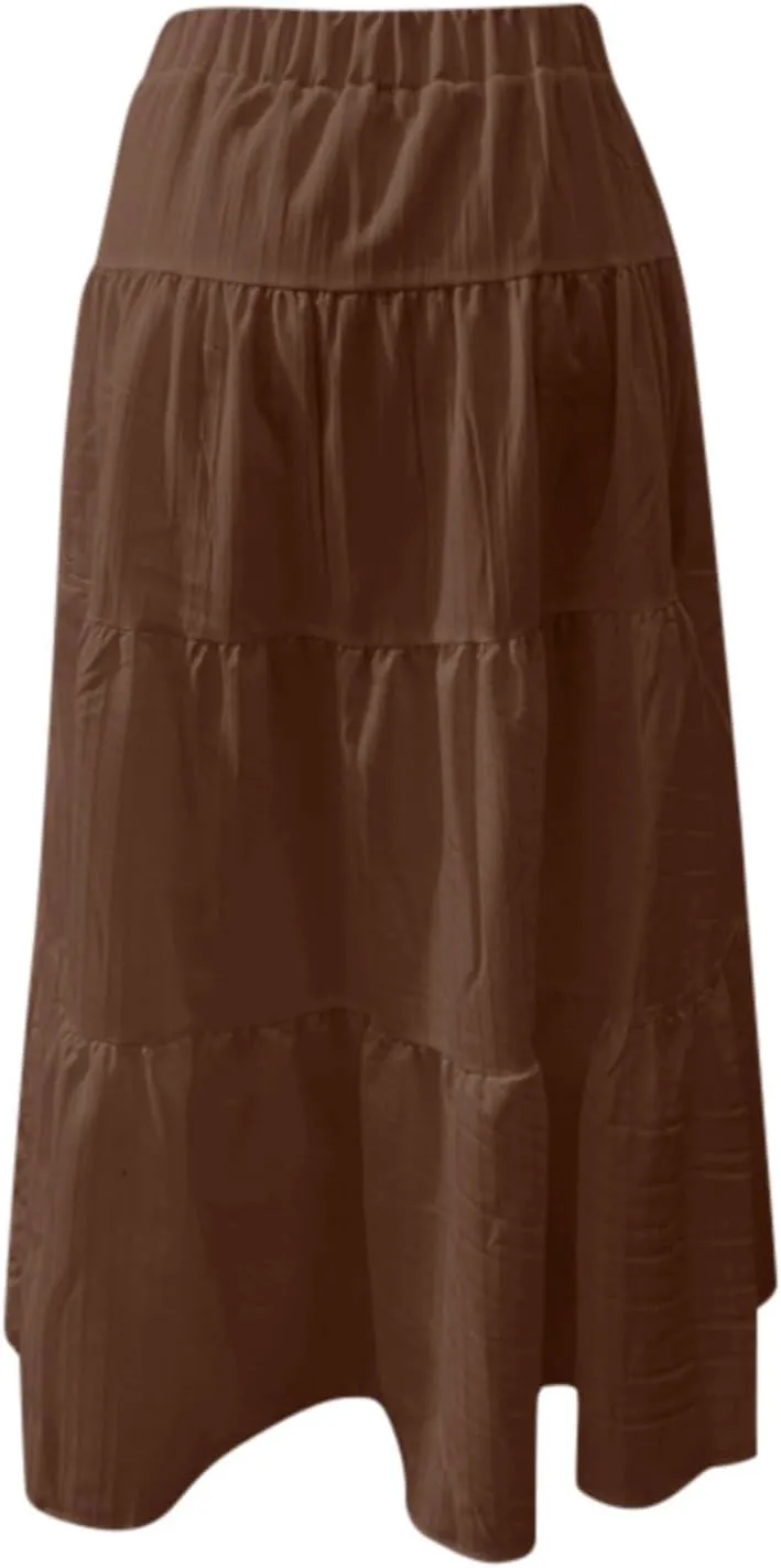 Long Flowy Skirts for Women Summer Boho Smocked Elastic Wasited Drawstring Tiered Ruffle A Line Beach Skirt