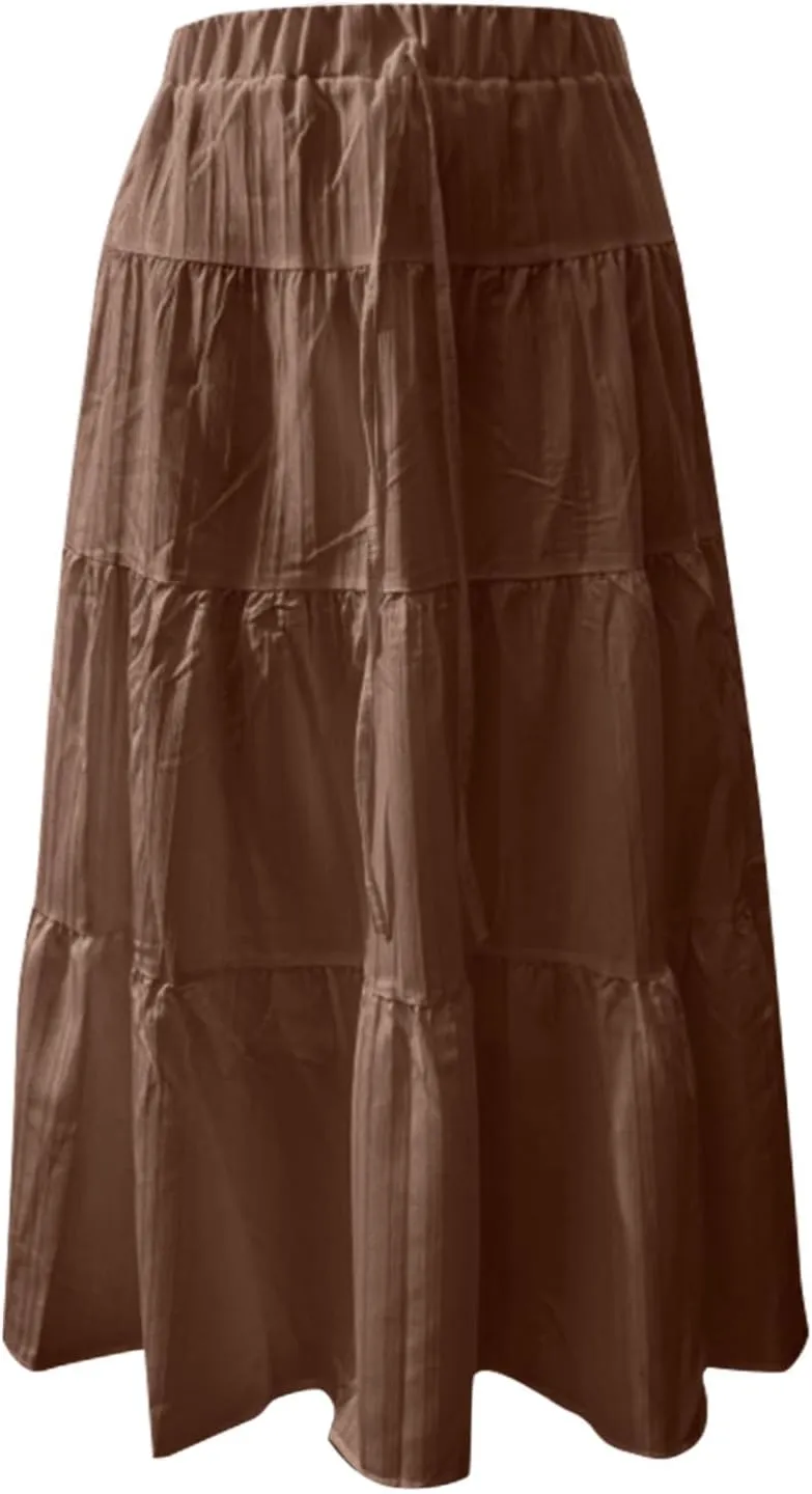 Long Flowy Skirts for Women Summer Boho Smocked Elastic Wasited Drawstring Tiered Ruffle A Line Beach Skirt