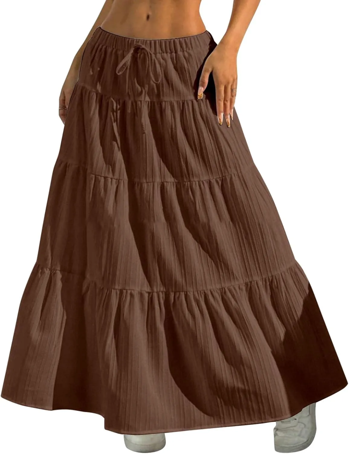 Long Flowy Skirts for Women Summer Boho Smocked Elastic Wasited Drawstring Tiered Ruffle A Line Beach Skirt