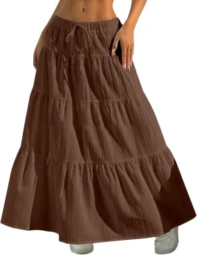 Long Flowy Skirts for Women Summer Boho Smocked Elastic Wasited Drawstring Tiered Ruffle A Line Beach Skirt