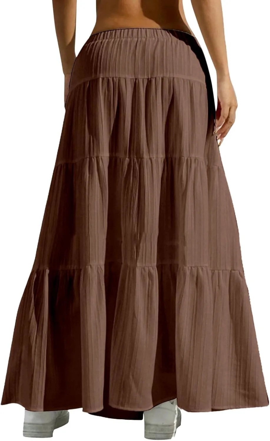 Long Flowy Skirts for Women Summer Boho Smocked Elastic Wasited Drawstring Tiered Ruffle A Line Beach Skirt