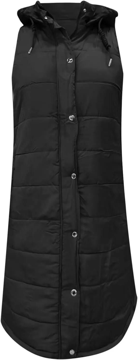 Long Puffer Vest Women Vest With Hood Sleeveless Warm Down Coat With Pockets Quilted Vest Down Plus Size Winter Long