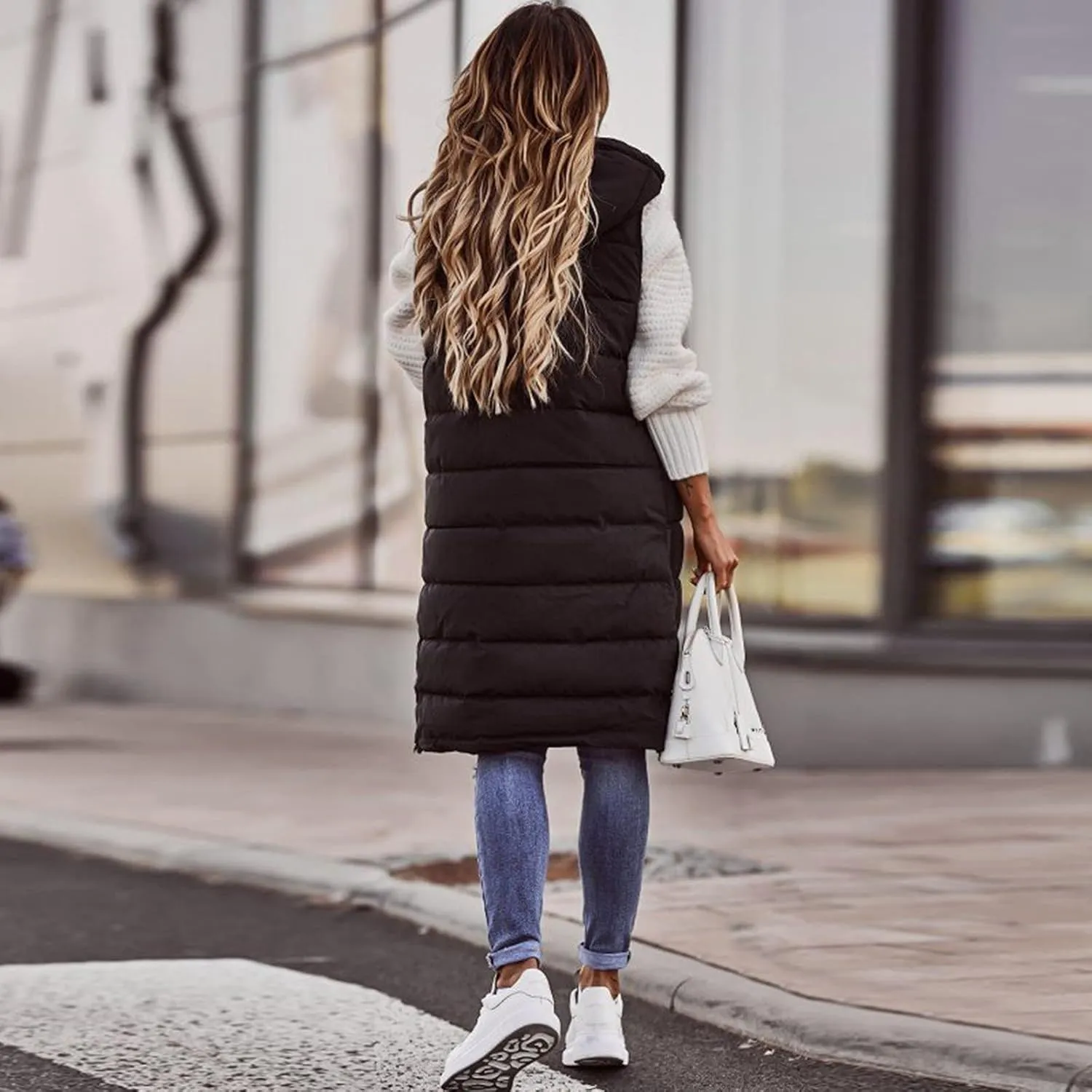 Long Puffer Vest Women Vest With Hood Sleeveless Warm Down Coat With Pockets Quilted Vest Down Plus Size Winter Long