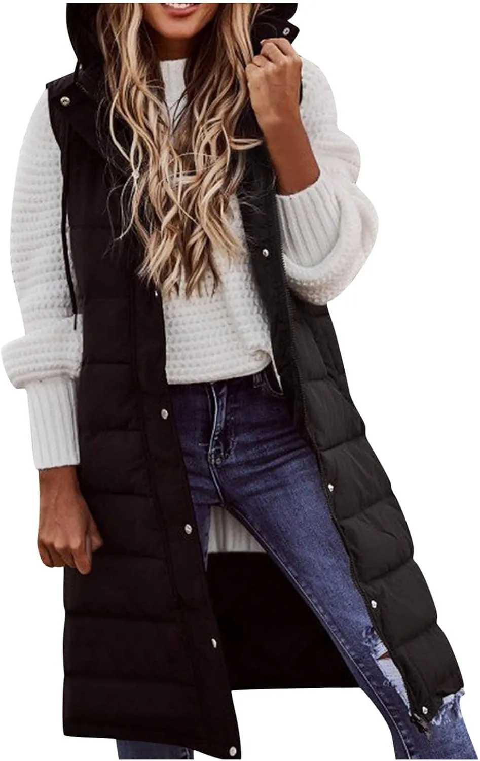 Long Puffer Vest Women Vest With Hood Sleeveless Warm Down Coat With Pockets Quilted Vest Down Plus Size Winter Long