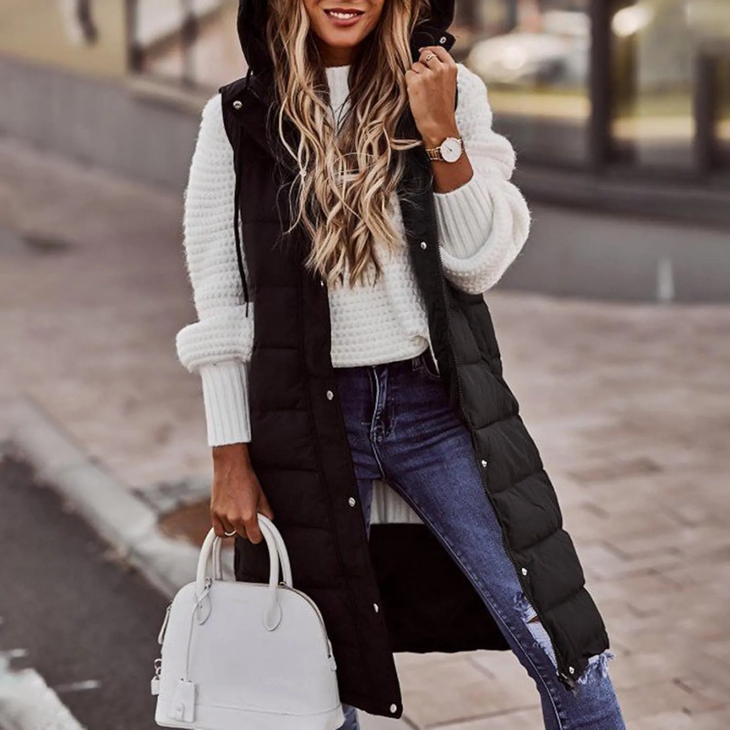 Long Puffer Vest Women Vest With Hood Sleeveless Warm Down Coat With Pockets Quilted Vest Down Plus Size Winter Long