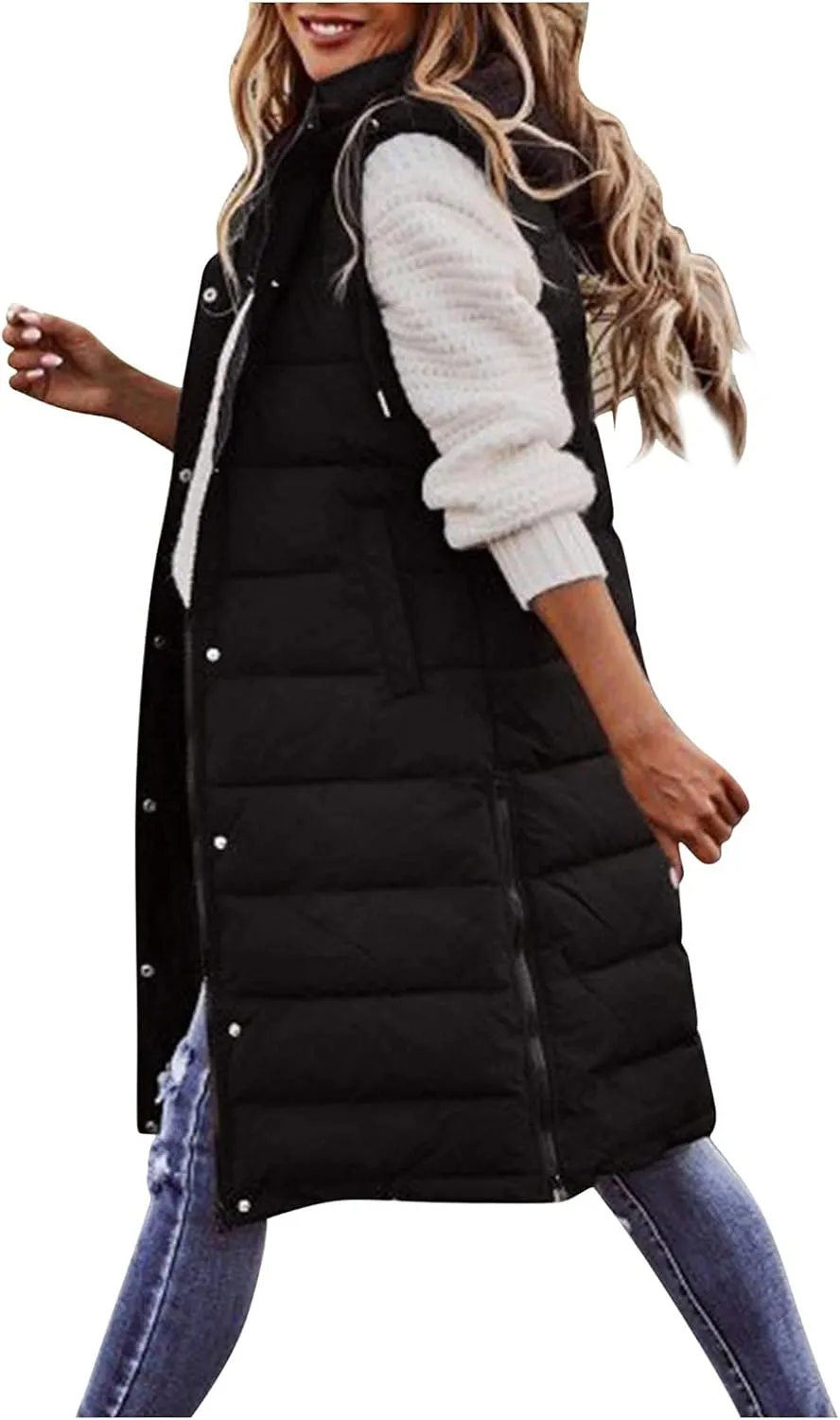 Long Puffer Vest Women Vest With Hood Sleeveless Warm Down Coat With Pockets Quilted Vest Down Plus Size Winter Long