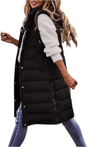 Long Puffer Vest Women Vest With Hood Sleeveless Warm Down Coat With Pockets Quilted Vest Down Plus Size Winter Long