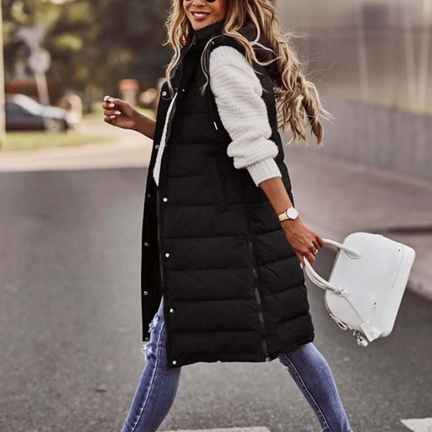 Long Puffer Vest Women Vest With Hood Sleeveless Warm Down Coat With Pockets Quilted Vest Down Plus Size Winter Long