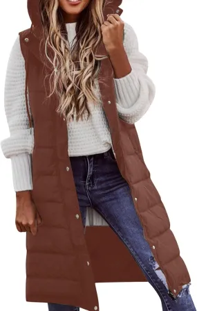 Long Puffer Vest Women Vest With Hood Sleeveless Warm Down Coat With Pockets Quilted Vest Down Plus Size Winter Long