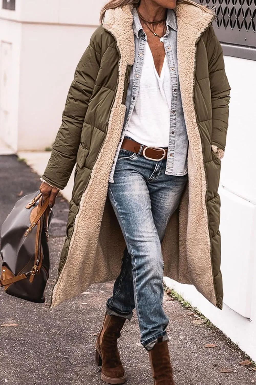 Long Winter Coats for Women Fleece Reversible Puffer Jackets Sherpa Padded Down Coat Oversized Long Sleeve Hooded