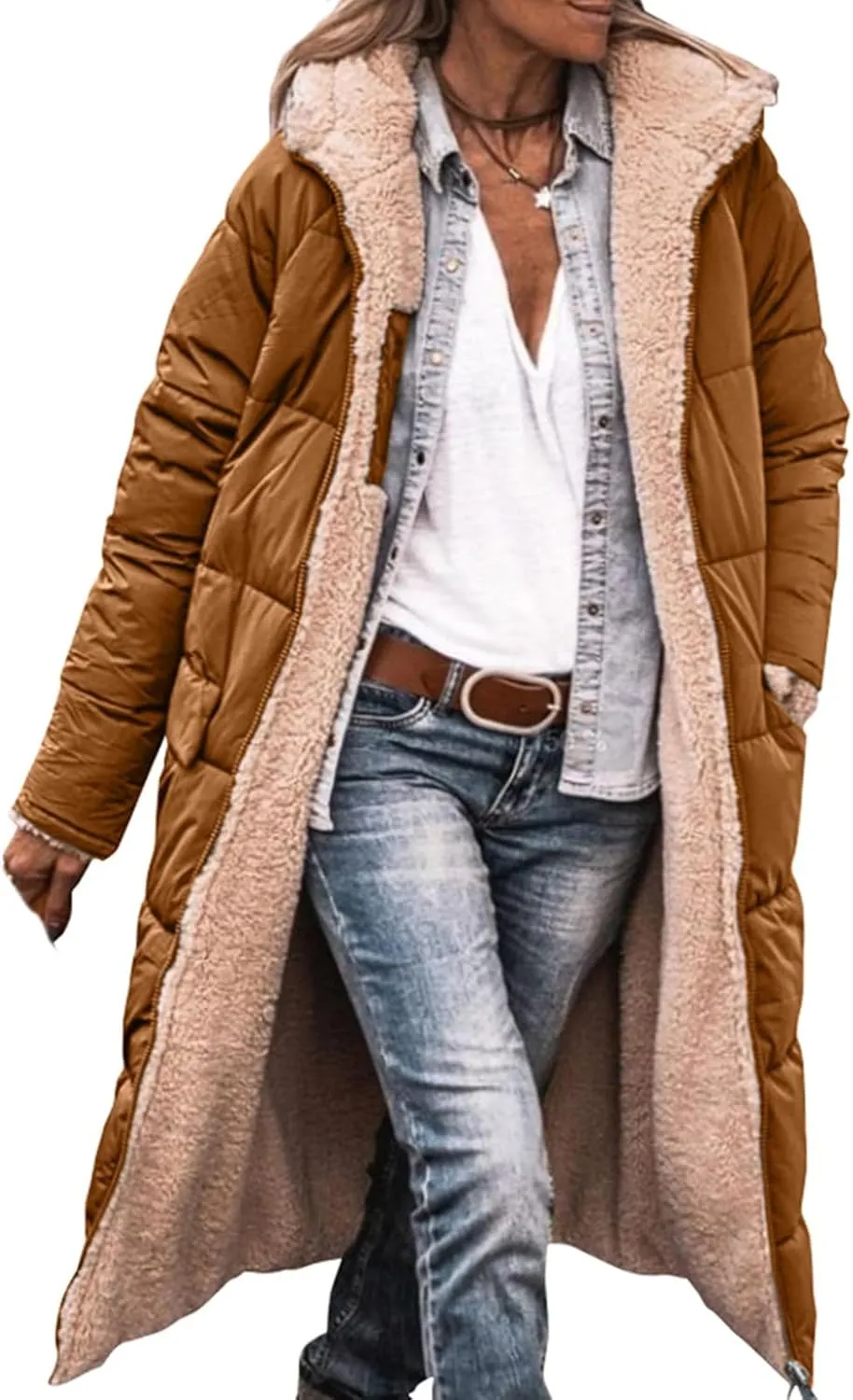 Long Winter Coats for Women Fleece Reversible Puffer Jackets Sherpa Padded Down Coat Oversized Long Sleeve Hooded