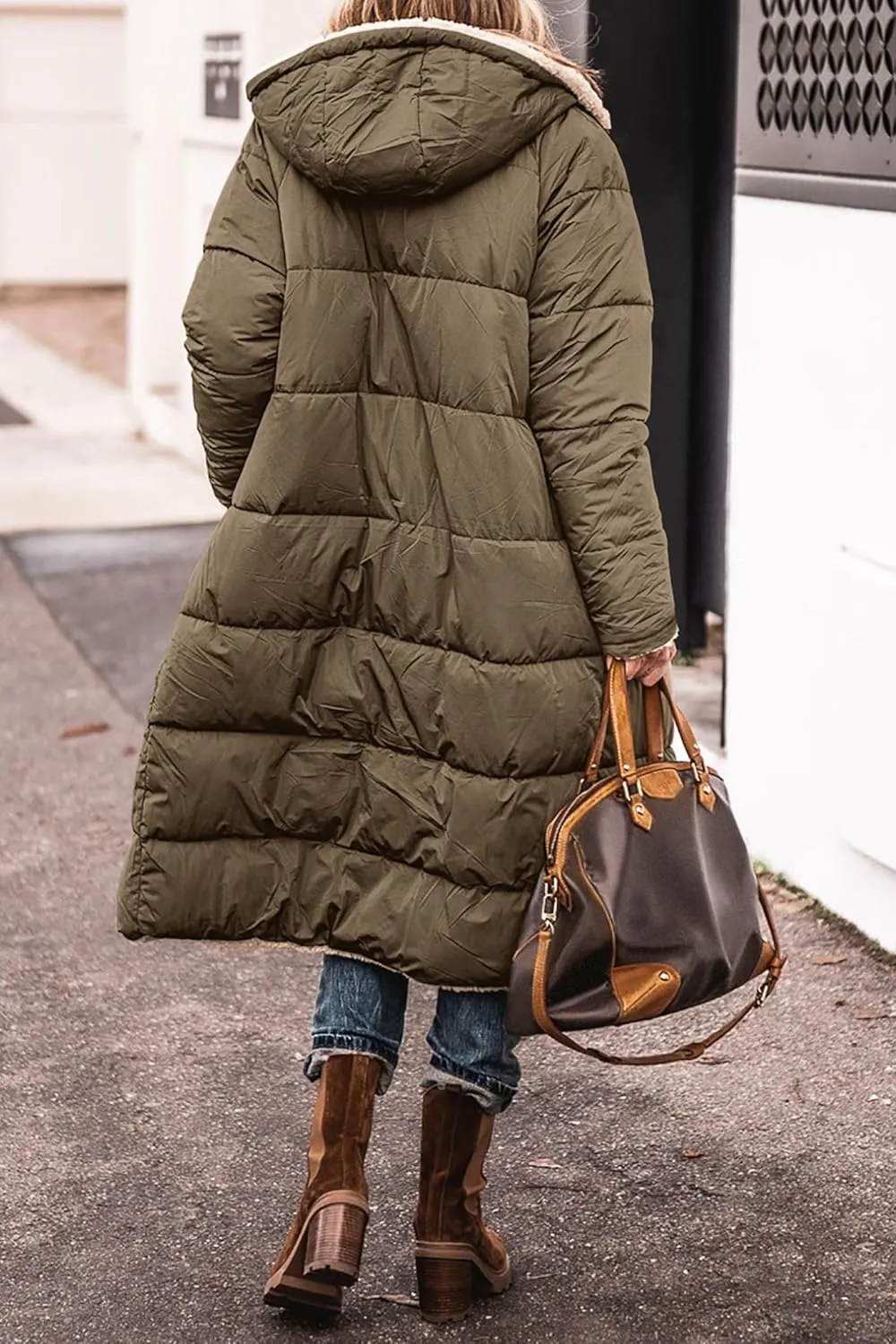 Long Winter Coats for Women Fleece Reversible Puffer Jackets Sherpa Padded Down Coat Oversized Long Sleeve Hooded
