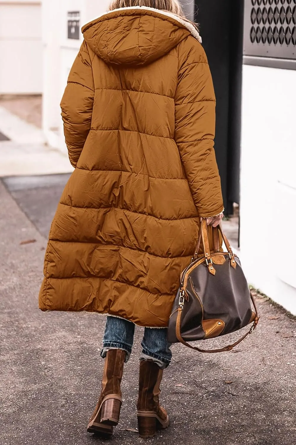 Long Winter Coats for Women Fleece Reversible Puffer Jackets Sherpa Padded Down Coat Oversized Long Sleeve Hooded