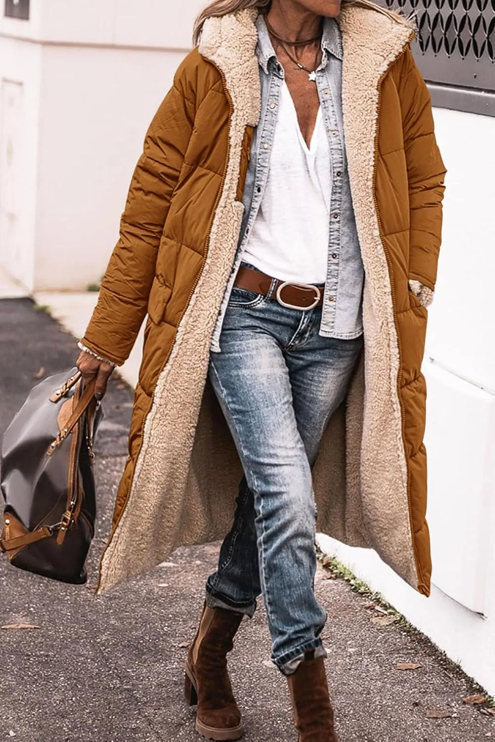 Long Winter Coats for Women Fleece Reversible Puffer Jackets Sherpa Padded Down Coat Oversized Long Sleeve Hooded