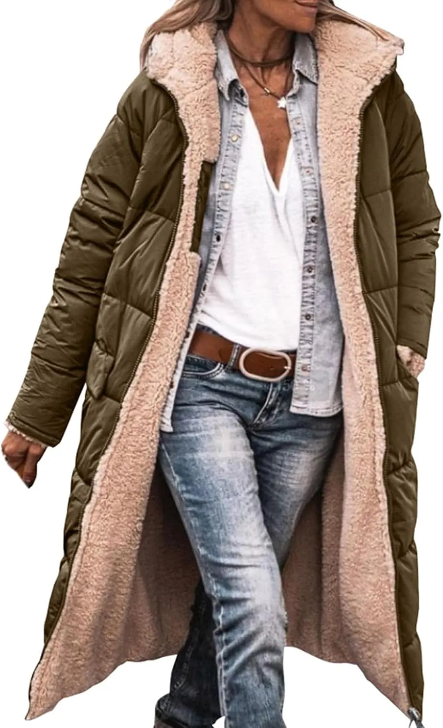 Long Winter Coats for Women Fleece Reversible Puffer Jackets Sherpa Padded Down Coat Oversized Long Sleeve Hooded