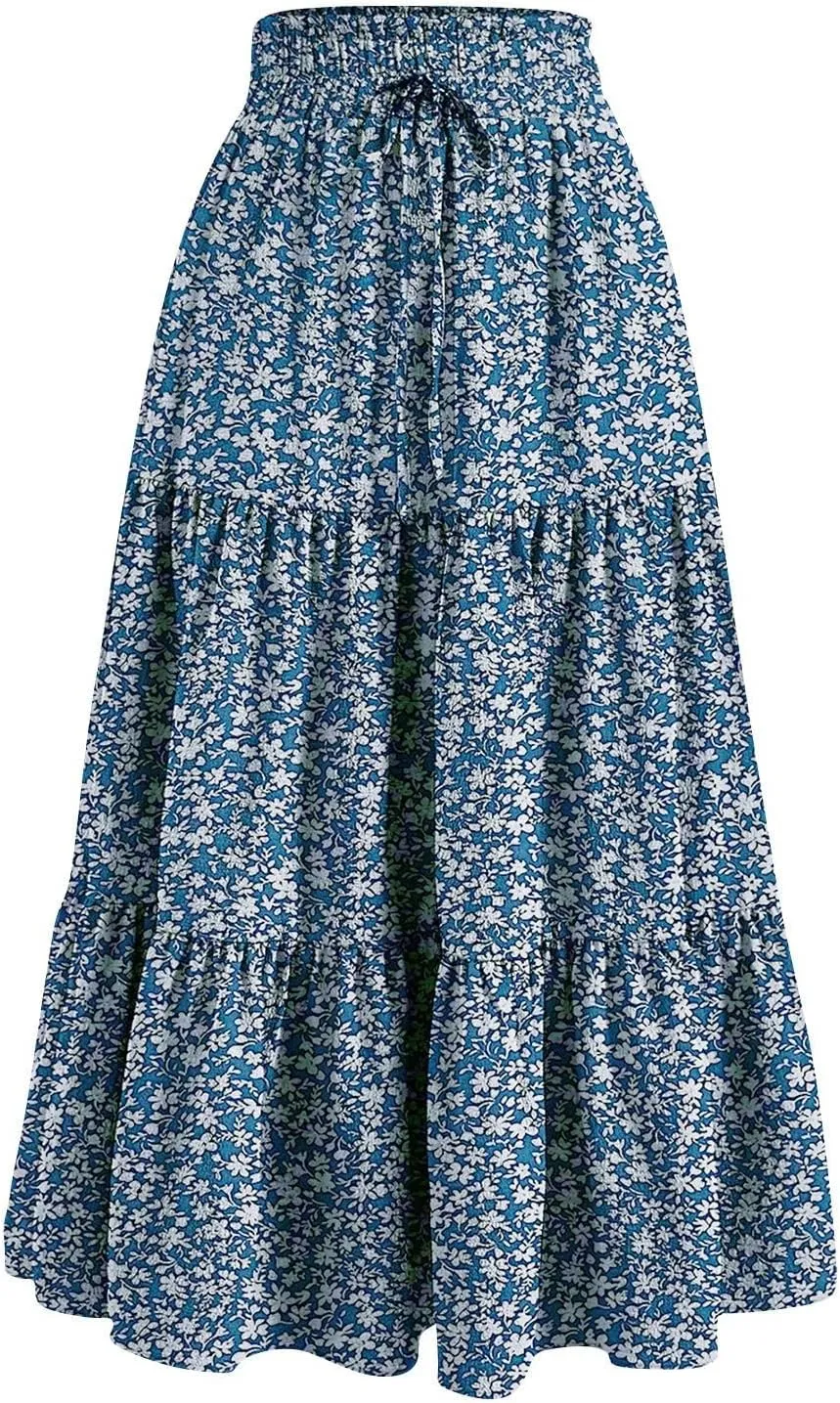 Maxi Skirts for Women Trendy Summer A Line Long Skirt Drawstring High Waisted Tiered Flowy Pleated Skirt with Pockets