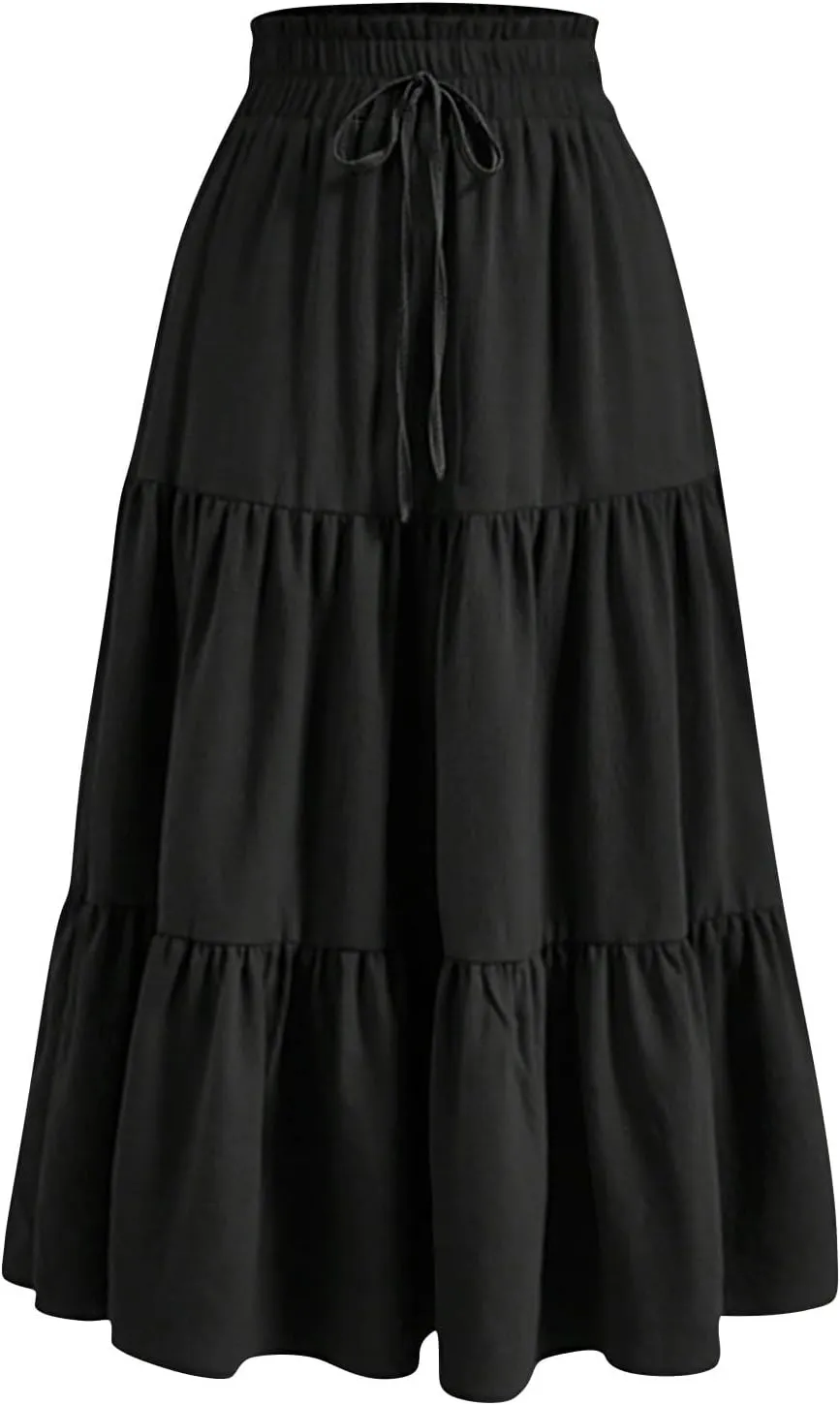 Maxi Skirts for Women Trendy Summer A Line Long Skirt Drawstring High Waisted Tiered Flowy Pleated Skirt with Pockets