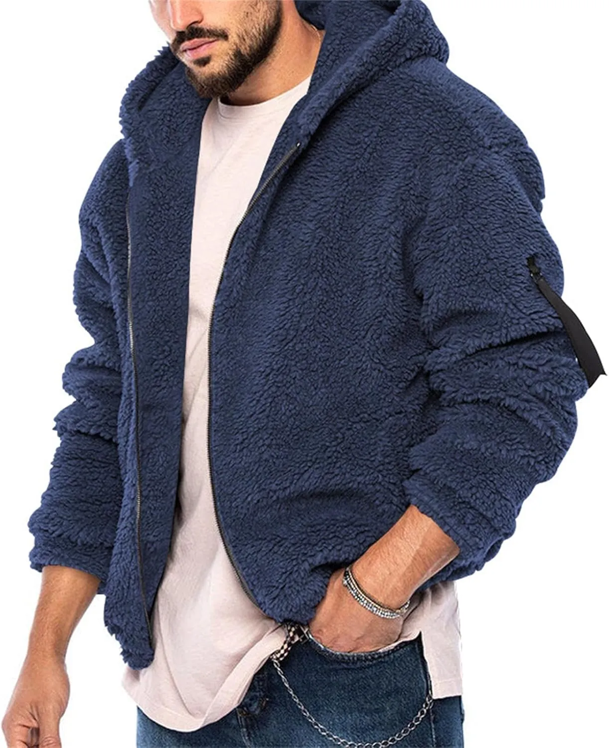 Men's Fleece Jacket Hoodies Reversible Fluffy Fuzzy Sherpa Jacket With Hood Full Zip Up Casual Winter Coats for Men
