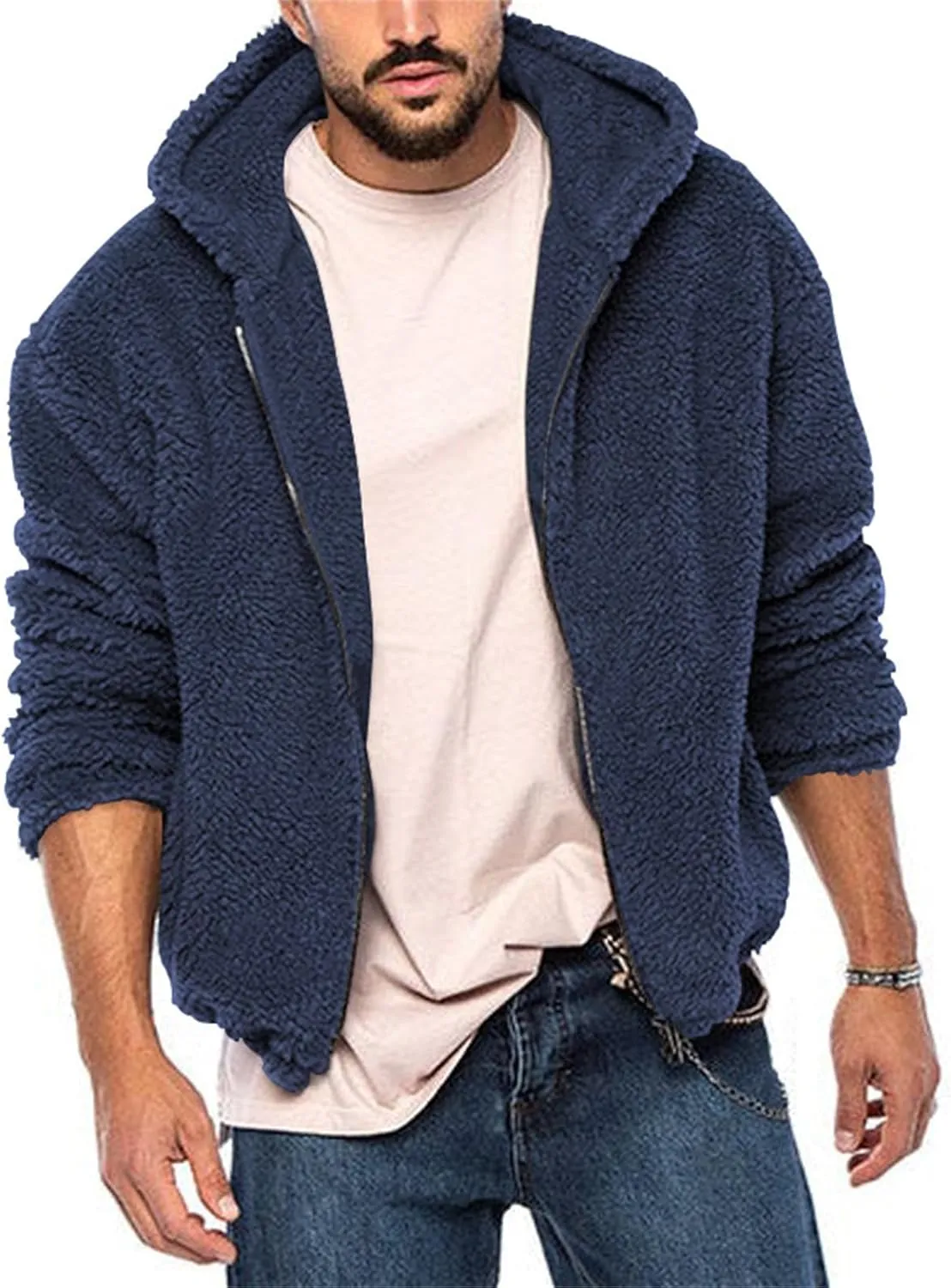 Men's Fleece Jacket Hoodies Reversible Fluffy Fuzzy Sherpa Jacket With Hood Full Zip Up Casual Winter Coats for Men