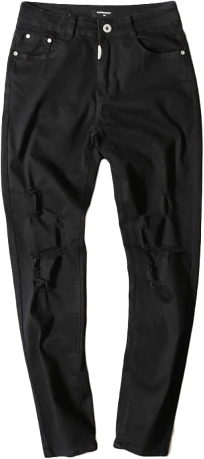 Men's Ripped Destroyed Knee Holes Denim Pants Men Slim Fit Skinny Distressed Jean Straight Fit Zipper Jeans with Holes