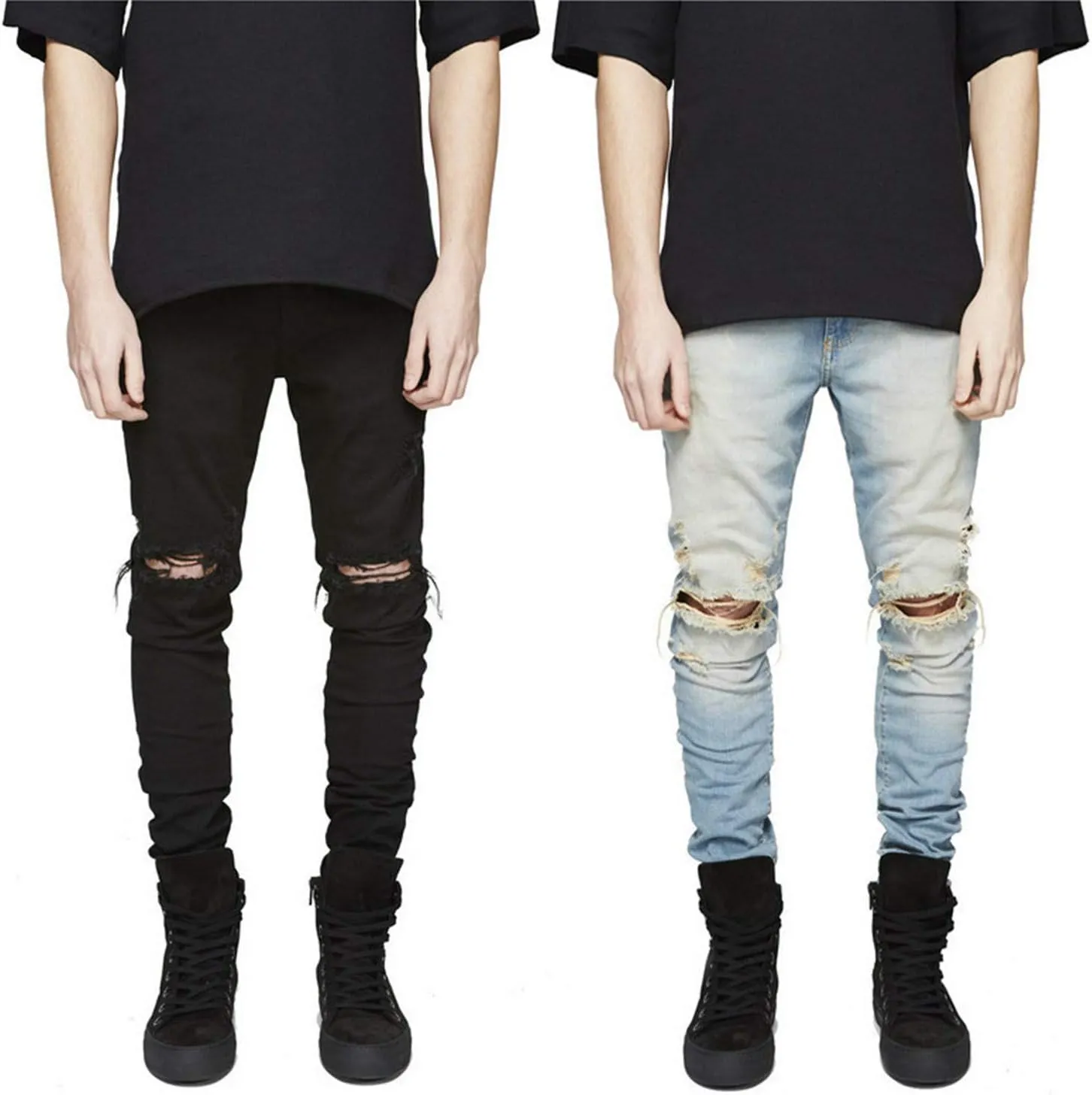 Men's Ripped Destroyed Knee Holes Denim Pants Men Slim Fit Skinny Distressed Jean Straight Fit Zipper Jeans with Holes