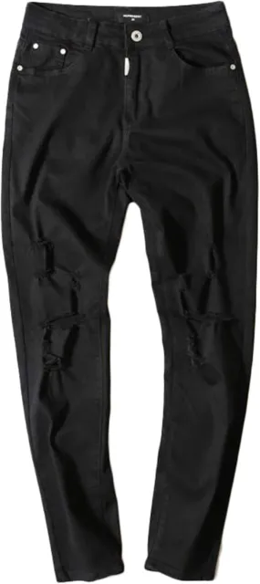 Men's Ripped Destroyed Knee Holes Denim Pants Men Slim Fit Skinny Distressed Jean Straight Fit Zipper Jeans with Holes