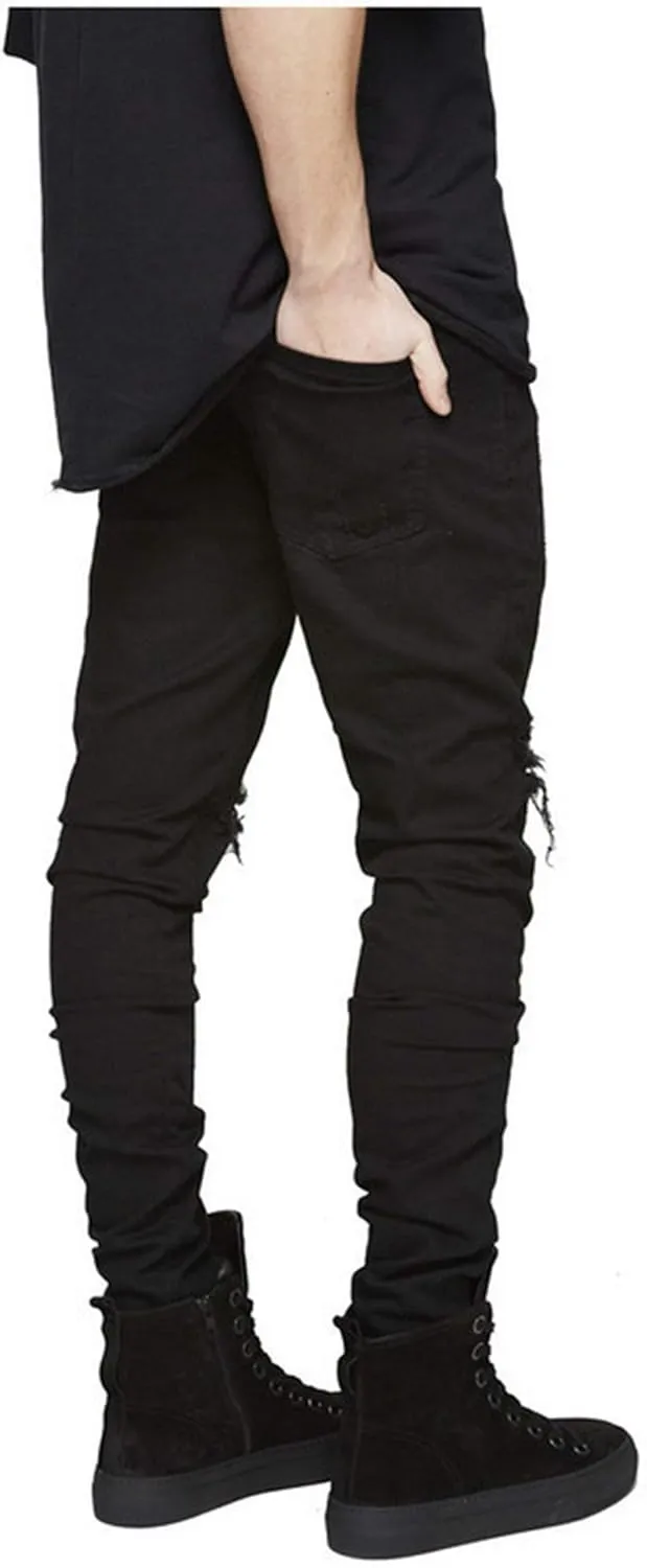 Men's Ripped Destroyed Knee Holes Denim Pants Men Slim Fit Skinny Distressed Jean Straight Fit Zipper Jeans with Holes