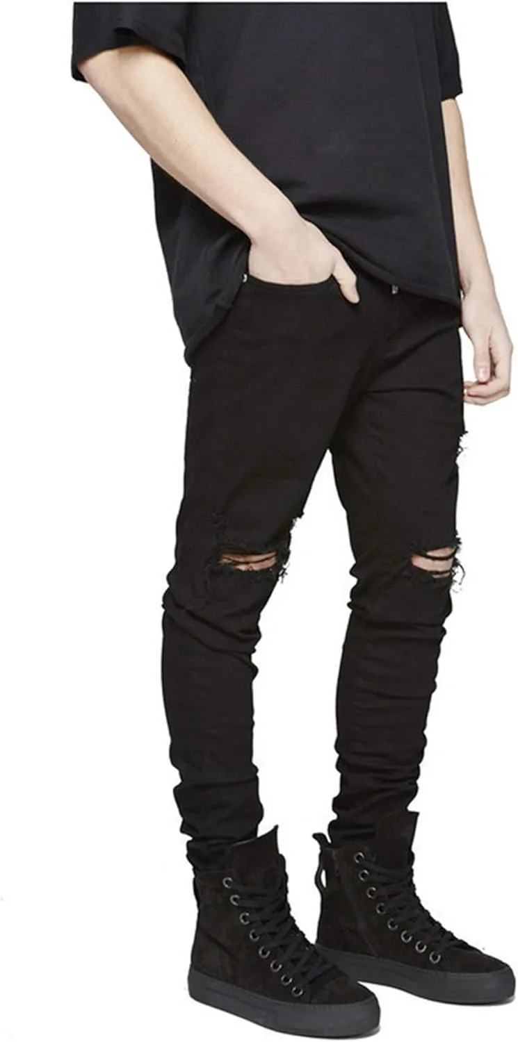 Men's Ripped Destroyed Knee Holes Denim Pants Men Slim Fit Skinny Distressed Jean Straight Fit Zipper Jeans with Holes