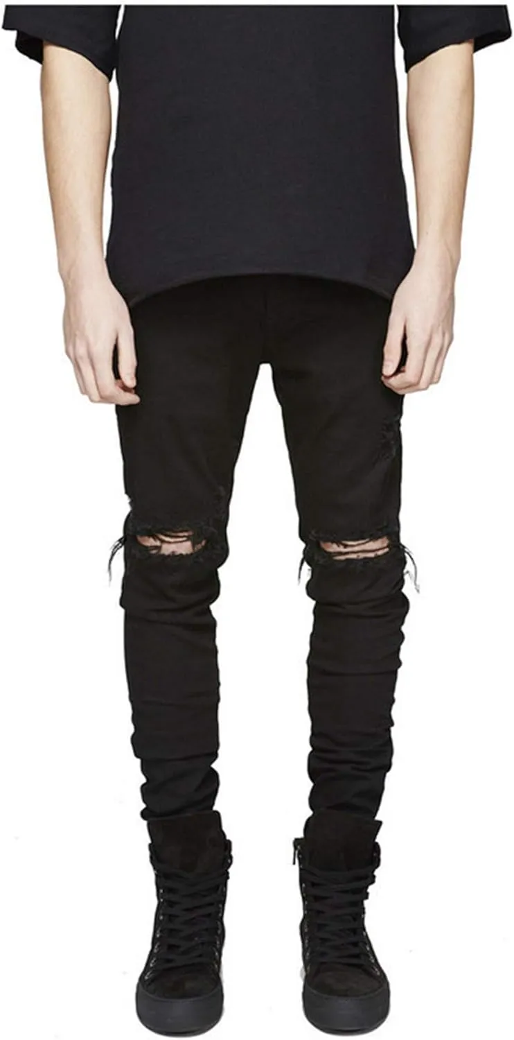 Men's Ripped Destroyed Knee Holes Denim Pants Men Slim Fit Skinny Distressed Jean Straight Fit Zipper Jeans with Holes