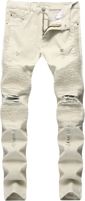Men's Ripped Slim Straight fit Biker Jeans Distressed Ripped Skinny Slim Fit Denim Pants Holes Hip Hop Biker Stretchy Jean