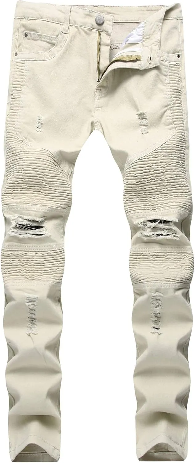 Men's Ripped Slim Straight fit Biker Jeans Distressed Ripped Skinny Slim Fit Denim Pants Holes Hip Hop Biker Stretchy Jean