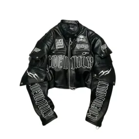 Motorcycle Gothic Embroidered Cropped Leather Jacket