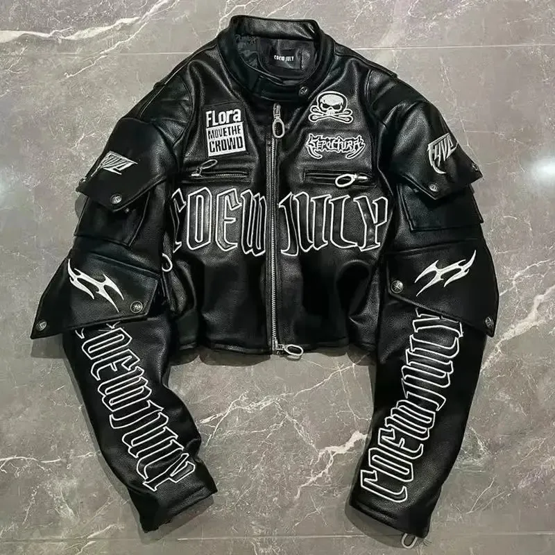 Motorcycle Gothic Embroidered Cropped Leather Jacket