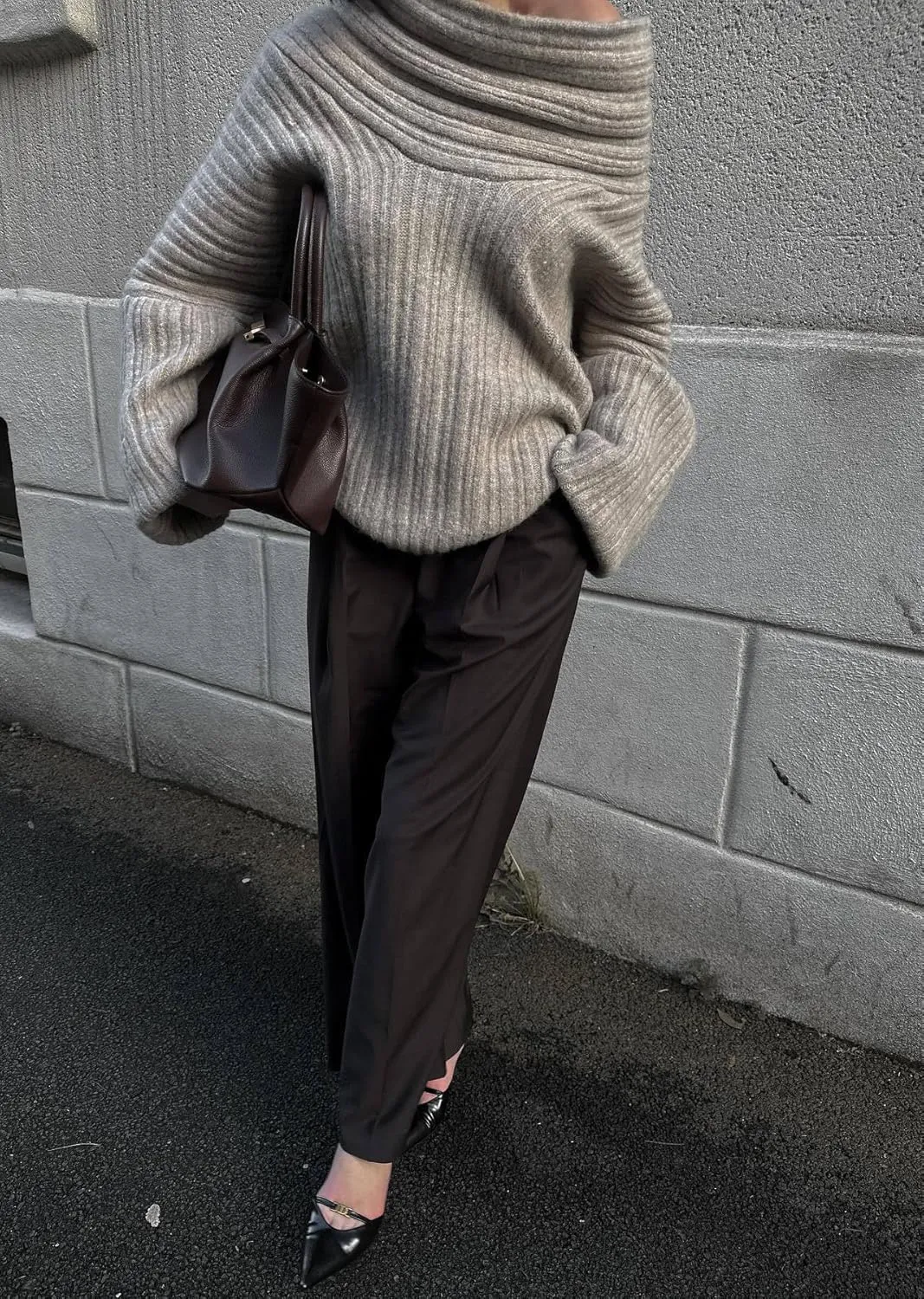 NRTHYE Women Off The Shoulder Sweater Top Long Sleeve Ribbed Knit Chunky Slouchy Asymmetrical Pullover Sweaters