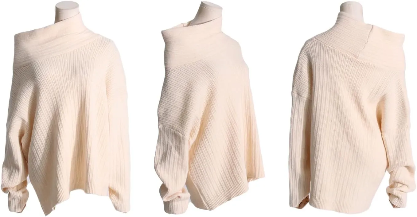 NRTHYE Women Off The Shoulder Sweater Top Long Sleeve Ribbed Knit Chunky Slouchy Asymmetrical Pullover Sweaters