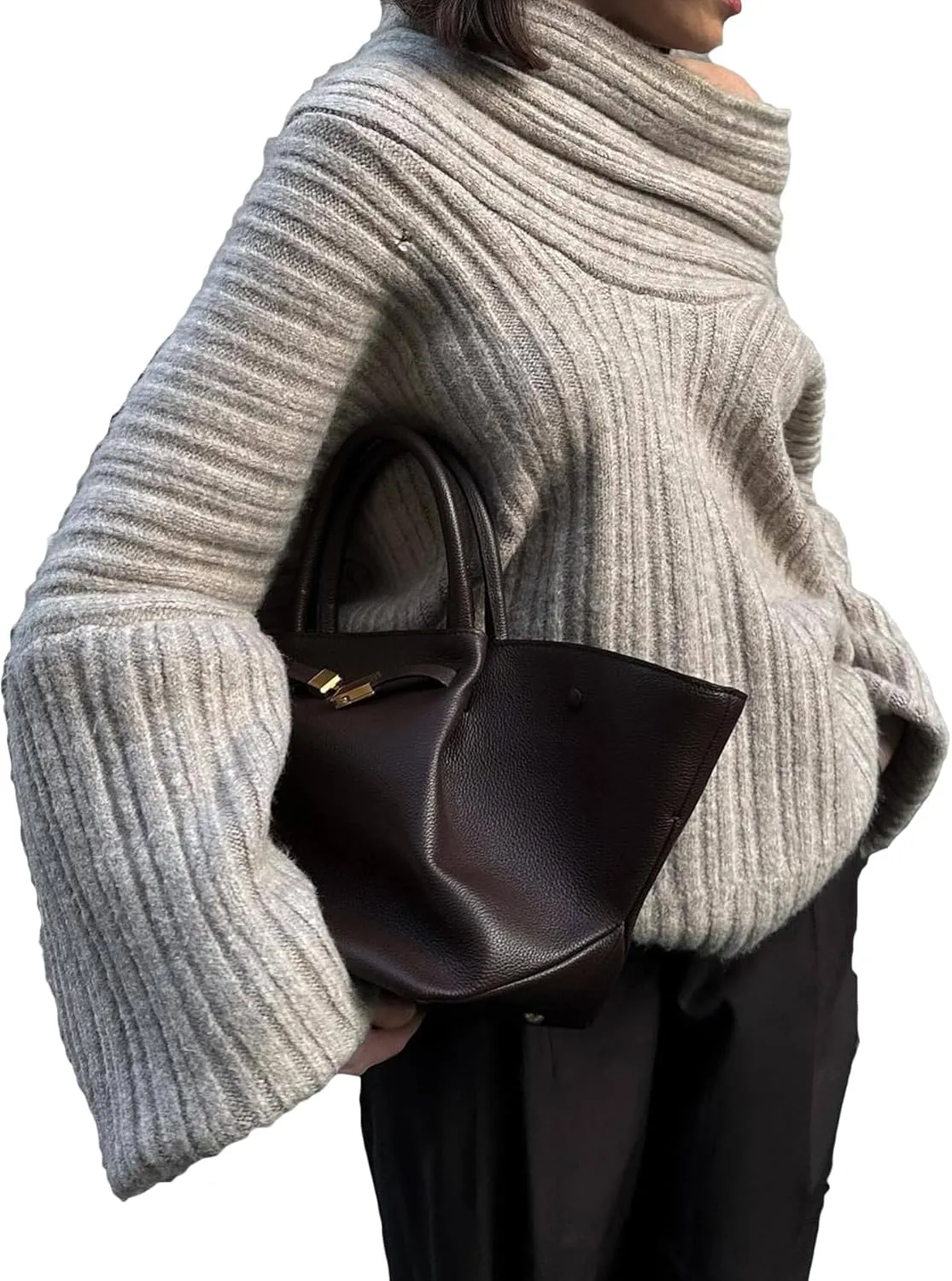 NRTHYE Women Off The Shoulder Sweater Top Long Sleeve Ribbed Knit Chunky Slouchy Asymmetrical Pullover Sweaters