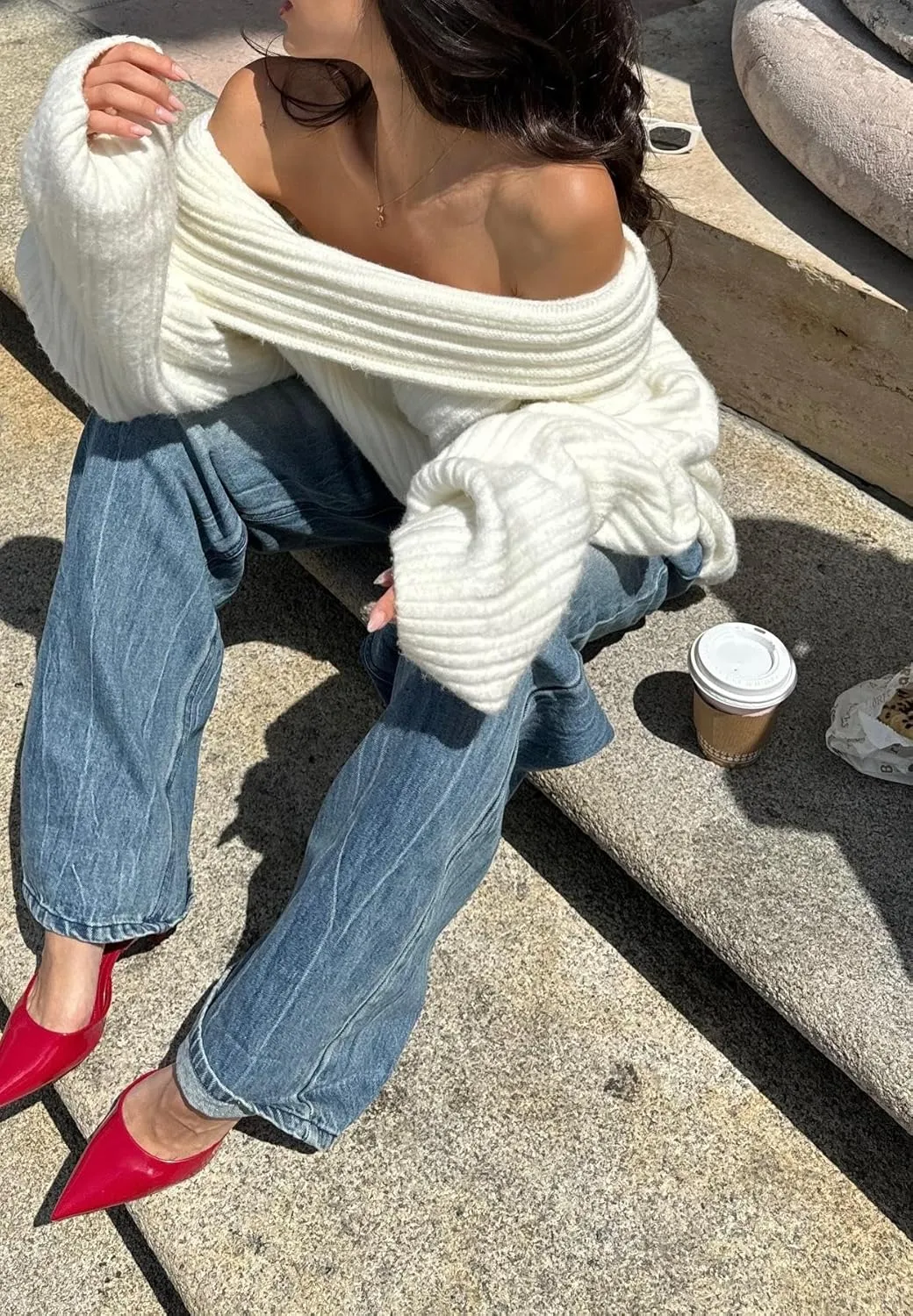 NRTHYE Women Off The Shoulder Sweater Top Long Sleeve Ribbed Knit Chunky Slouchy Asymmetrical Pullover Sweaters