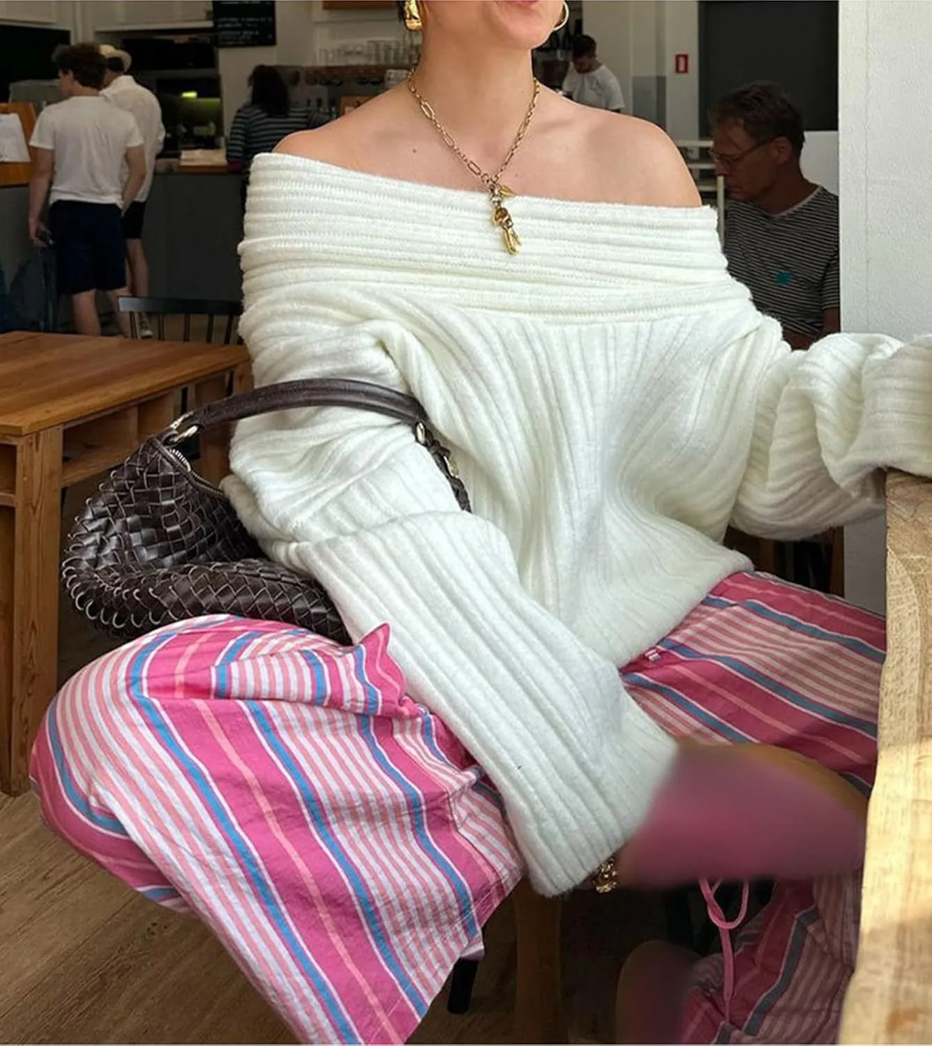 NRTHYE Women Off The Shoulder Sweater Top Long Sleeve Ribbed Knit Chunky Slouchy Asymmetrical Pullover Sweaters