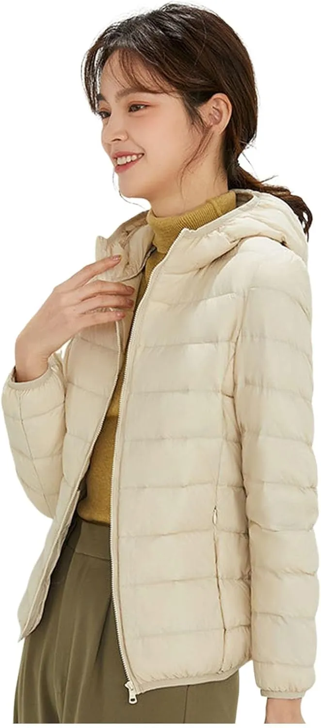 Packable Jackets for Women Lightweight Slim Fit Puffer Jacket Casual Hooded Warm Winter Quilted Down Jacket with Hood
