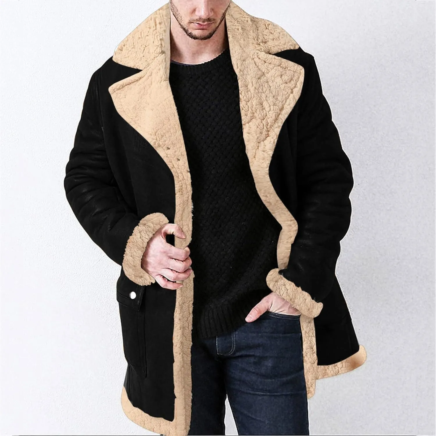 QWENTMTNTY Men's Shearling Trench Coat Long Length Faux Shearling Sherpa Jackets Casual Heavyweight Winter Thermal Outerwear