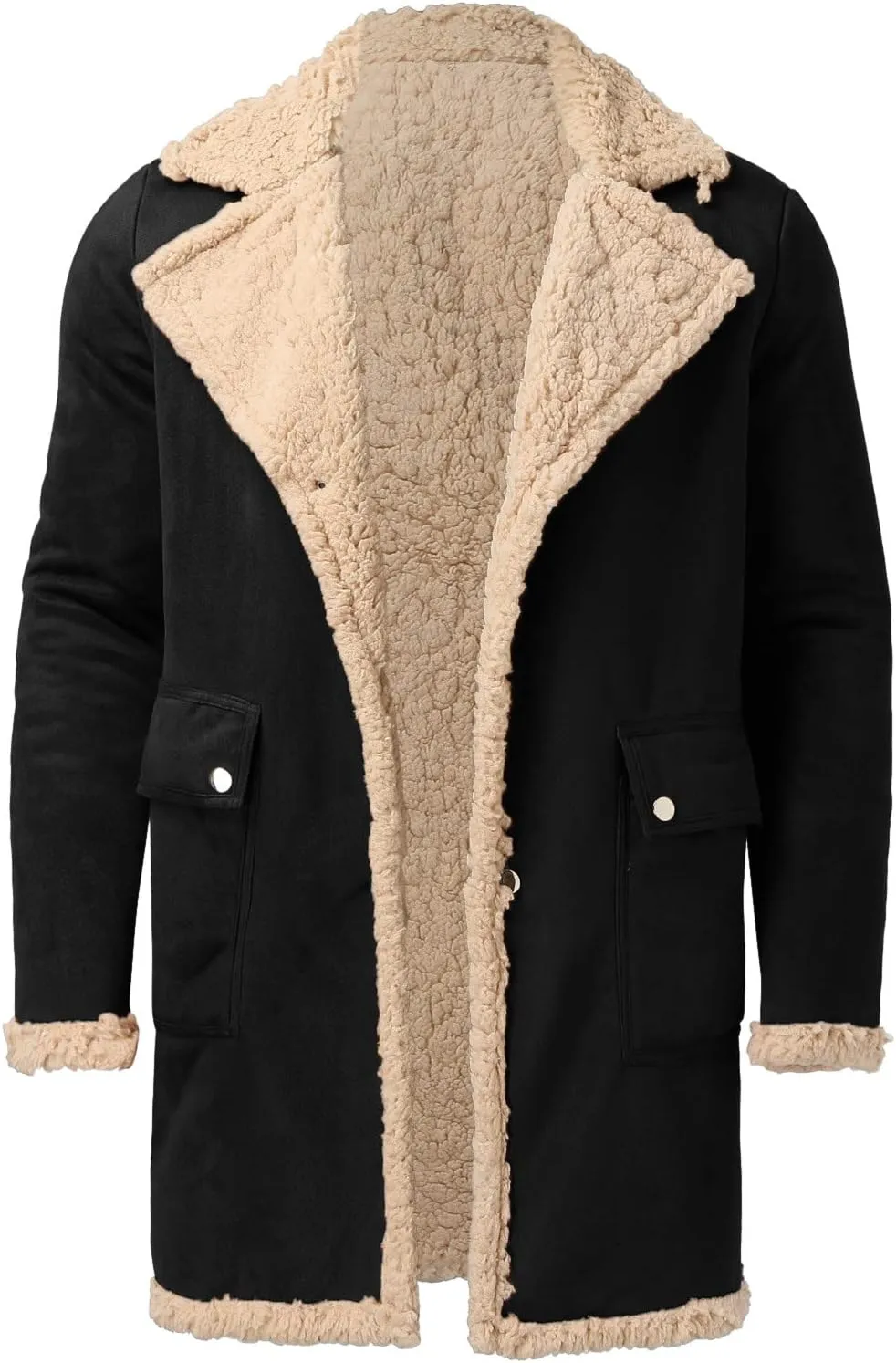 QWENTMTNTY Men's Shearling Trench Coat Long Length Faux Shearling Sherpa Jackets Casual Heavyweight Winter Thermal Outerwear