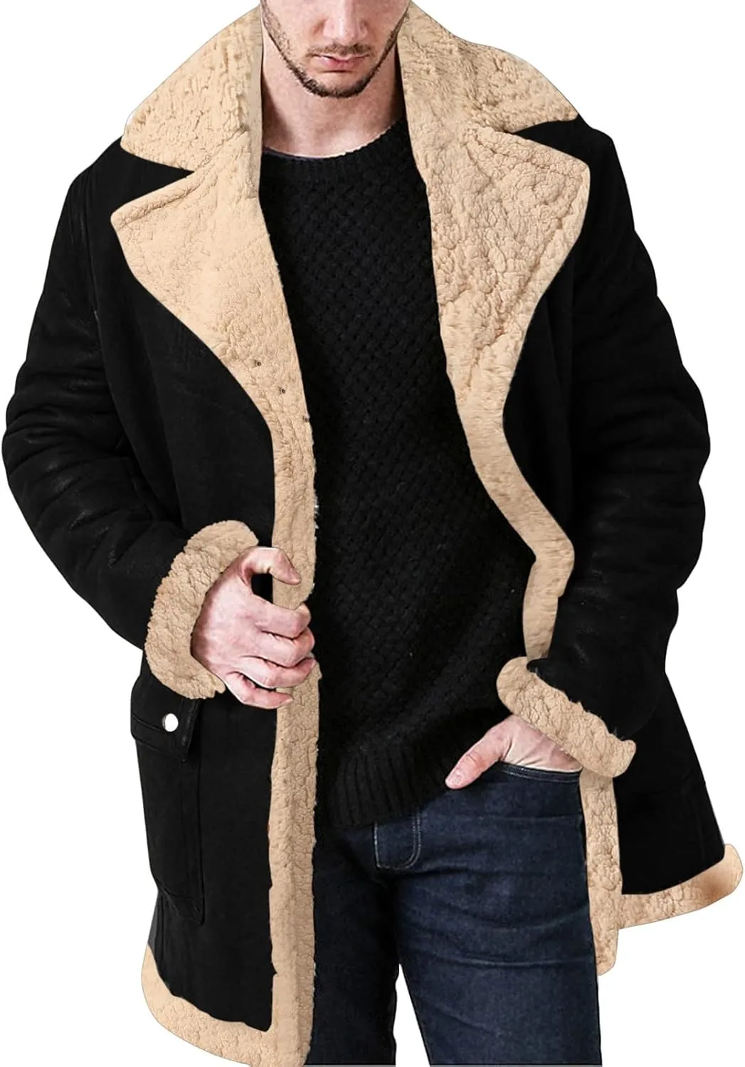 QWENTMTNTY Men's Shearling Trench Coat Long Length Faux Shearling Sherpa Jackets Casual Heavyweight Winter Thermal Outerwear