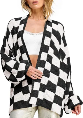 Saodimallsu Womens Checkered Oversized Cardigan Sweaters Color Block Chunky Open Front Lantern Sleeve Plaid Knit Coats