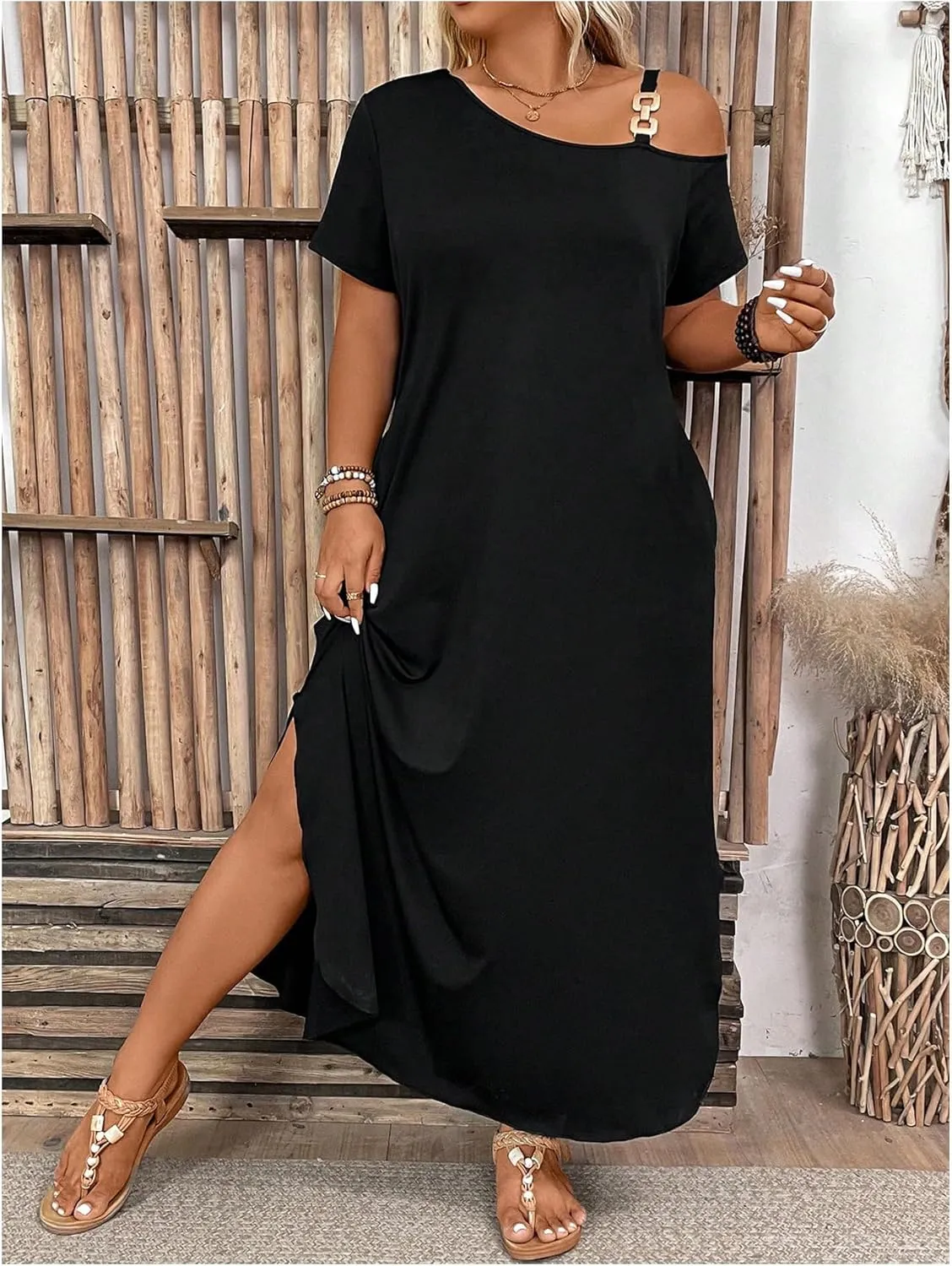 SOLY HUX Women's Plus Size Cold Shoulder Short Sleeve Split Hem T Shirt Dress Summer Long Maxi Dresses