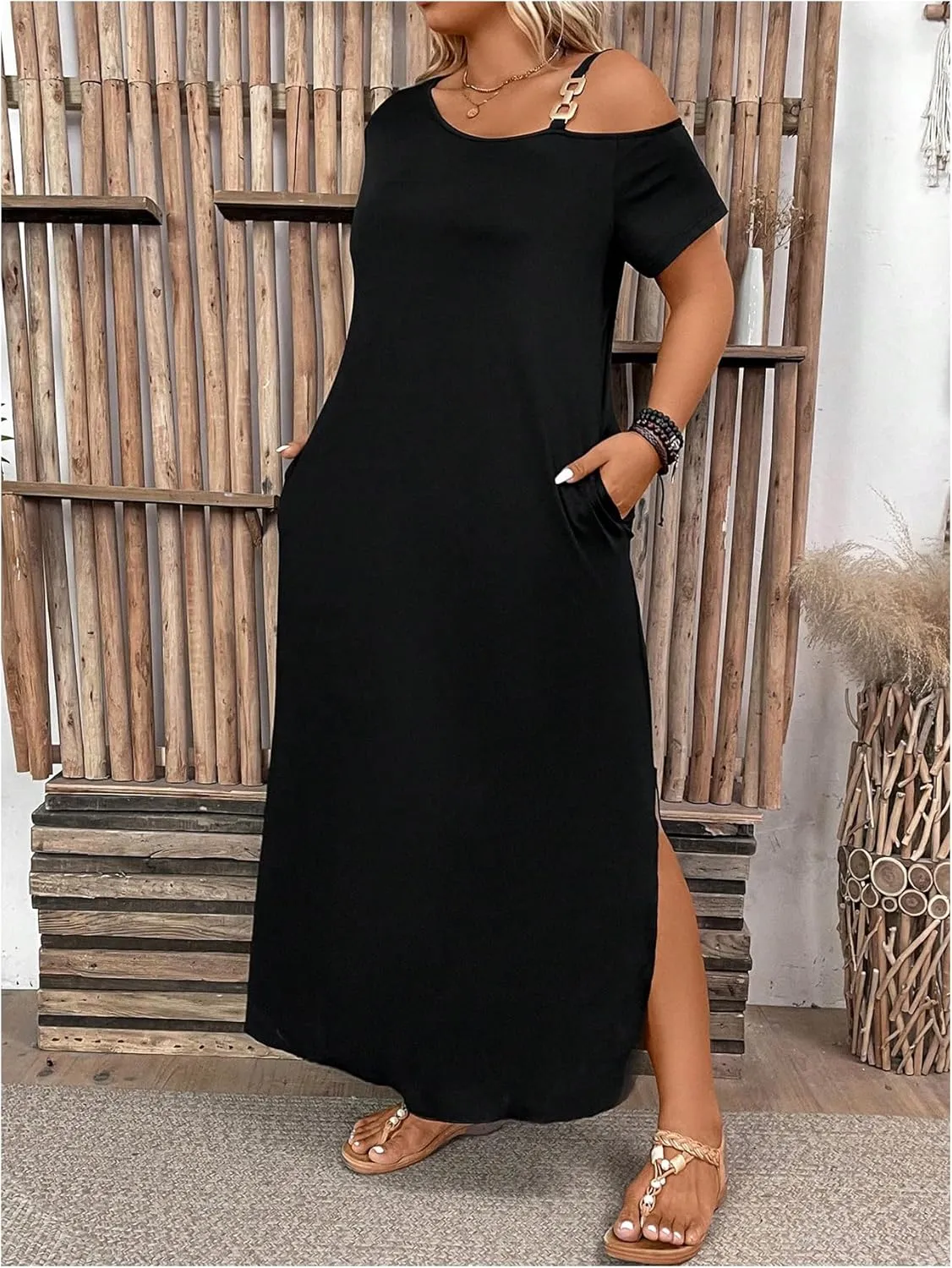 SOLY HUX Women's Plus Size Cold Shoulder Short Sleeve Split Hem T Shirt Dress Summer Long Maxi Dresses