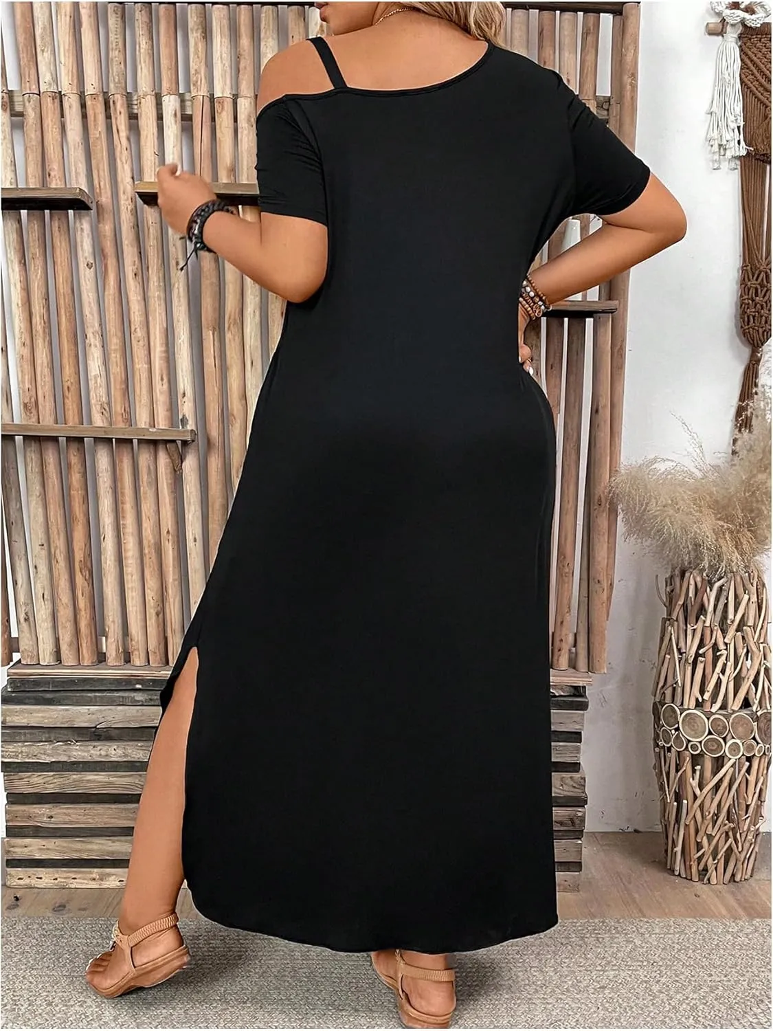 SOLY HUX Women's Plus Size Cold Shoulder Short Sleeve Split Hem T Shirt Dress Summer Long Maxi Dresses