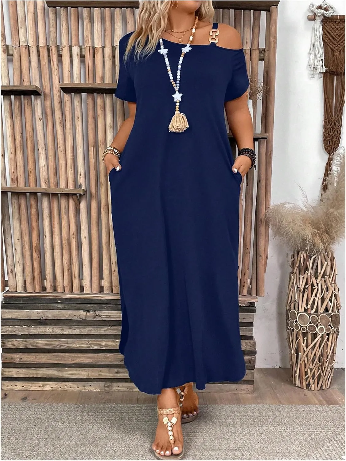 SOLY HUX Women's Plus Size Cold Shoulder Short Sleeve Split Hem T Shirt Dress Summer Long Maxi Dresses