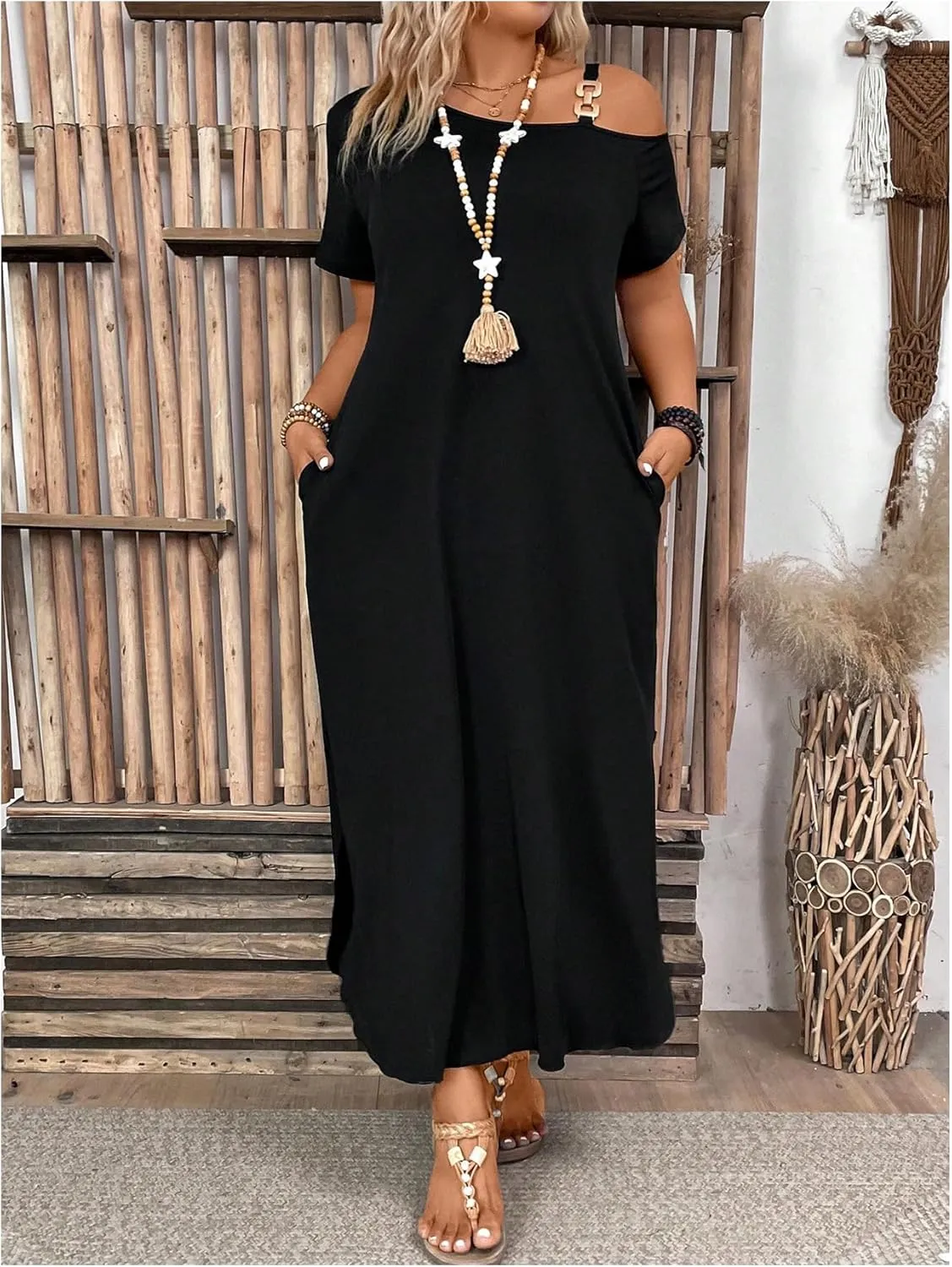 SOLY HUX Women's Plus Size Cold Shoulder Short Sleeve Split Hem T Shirt Dress Summer Long Maxi Dresses