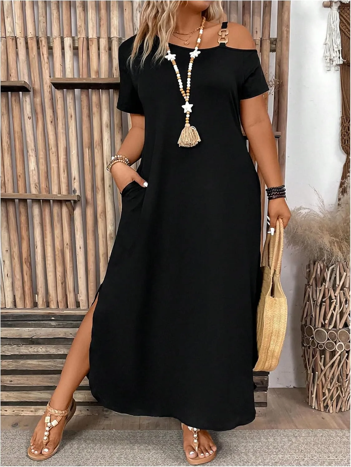SOLY HUX Women's Plus Size Cold Shoulder Short Sleeve Split Hem T Shirt Dress Summer Long Maxi Dresses