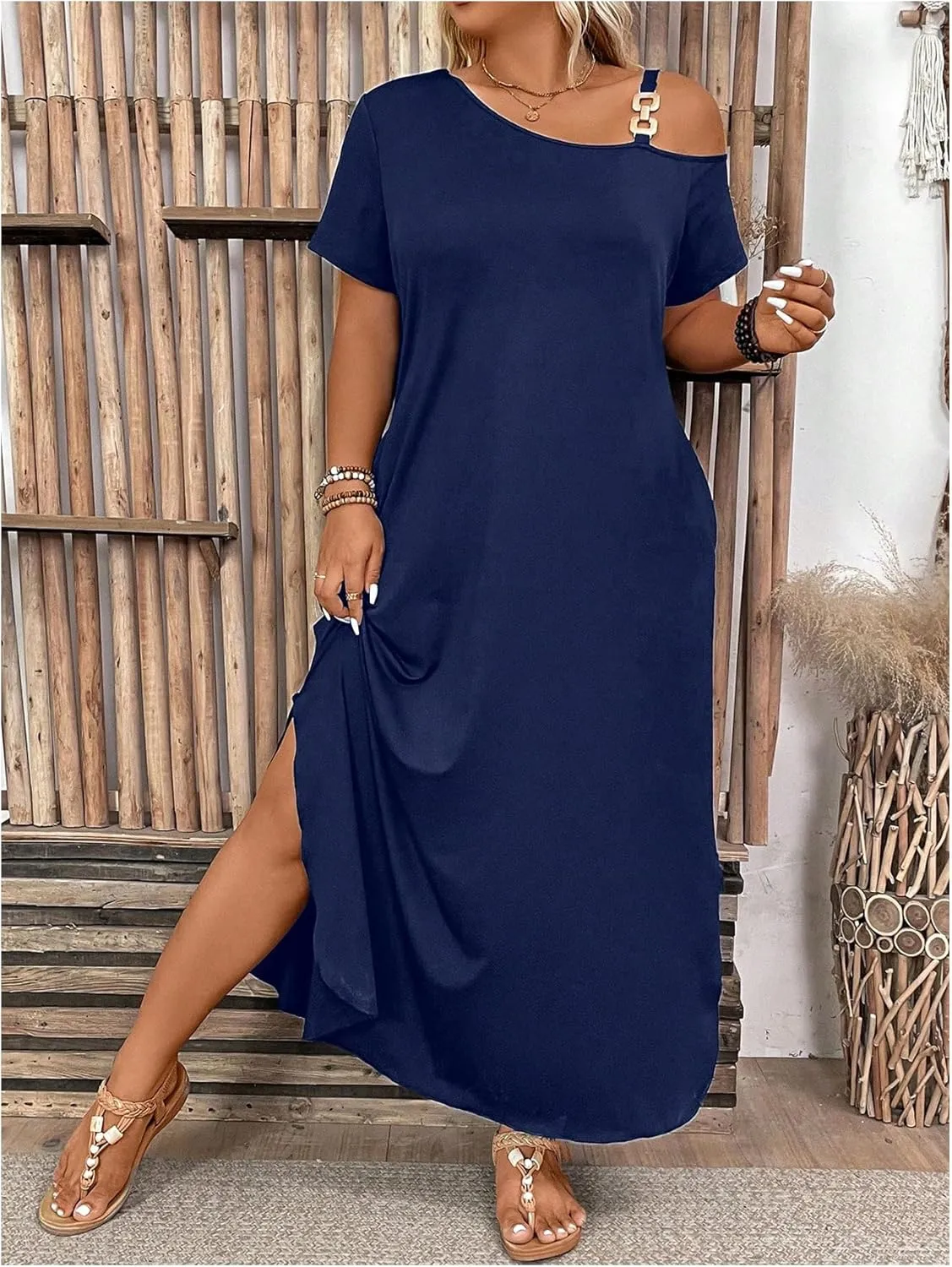 SOLY HUX Women's Plus Size Cold Shoulder Short Sleeve Split Hem T Shirt Dress Summer Long Maxi Dresses